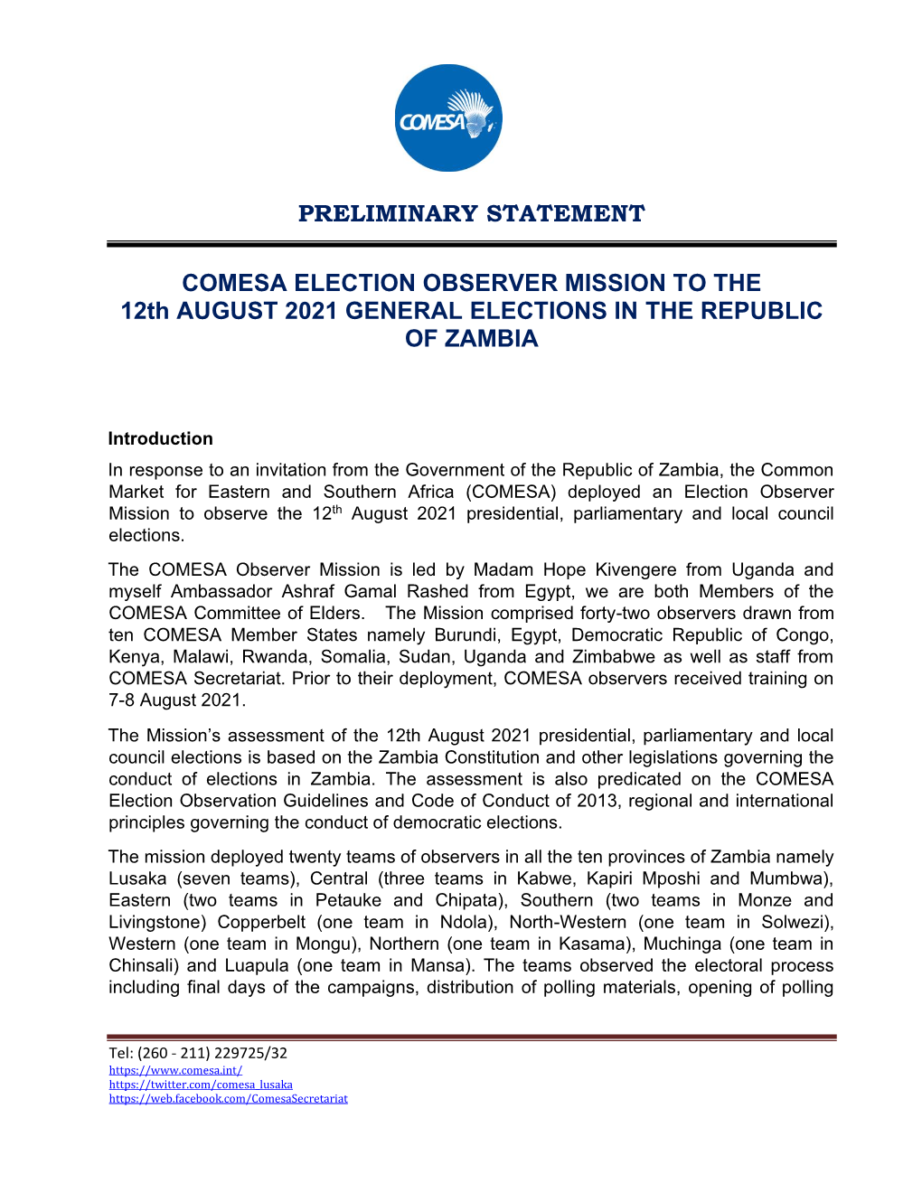 Comesa Preliminary Statement on Zambia Elections