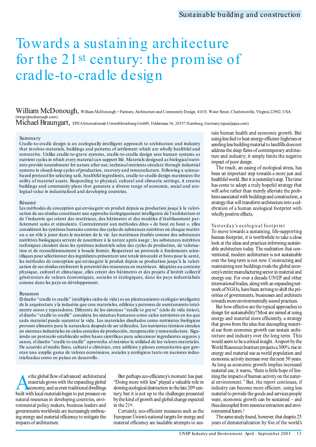 Towards a Sustaining Architecture for the 21St Century: the Promise of Cradle-To-Cradle Design