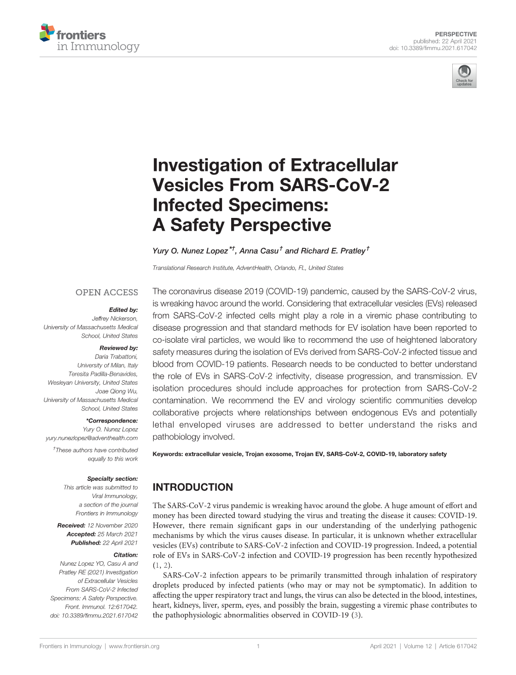 Investigation of Extracellular Vesicles from SARS-Cov-2 Infected Specimens: a Safety Perspective