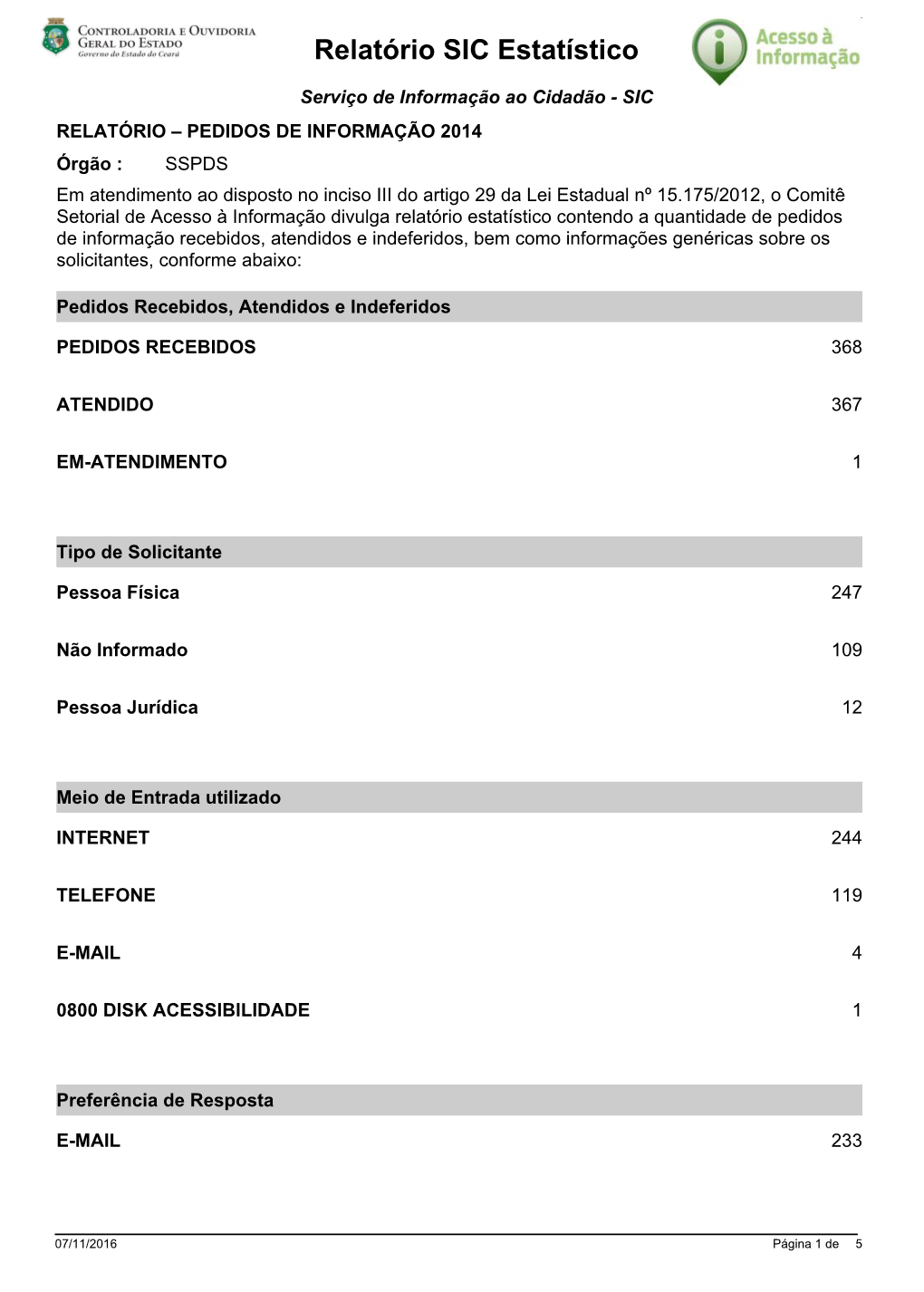 Relatório Estatístico SSPDS 2014