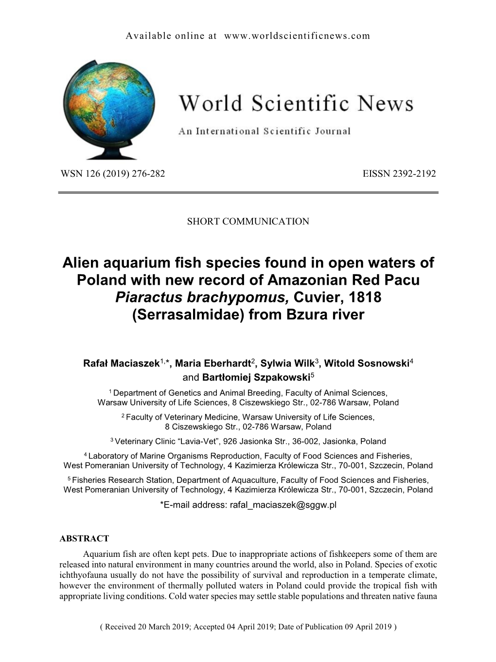 Alien Aquarium Fish Species Found in Open Waters of Poland with New Record of Amazonian Red Pacu Piaractus Brachypomus, Cuvier, 1818 (Serrasalmidae) from Bzura River