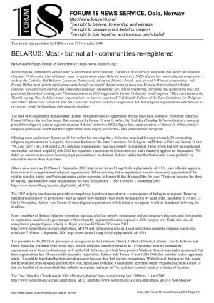 BELARUS: Most - but Not All - Communities Re-Registered