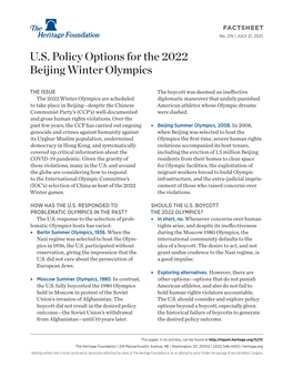 U.S. Policy Options for the 2022 Beijing Winter Olympics