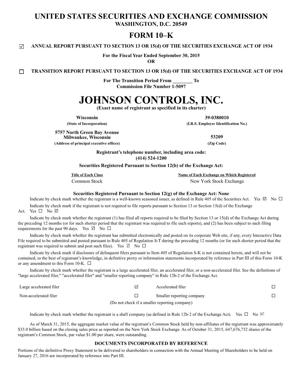 JOHNSON CONTROLS, INC. (Exact Name of Registrant As Specified in Its Charter)