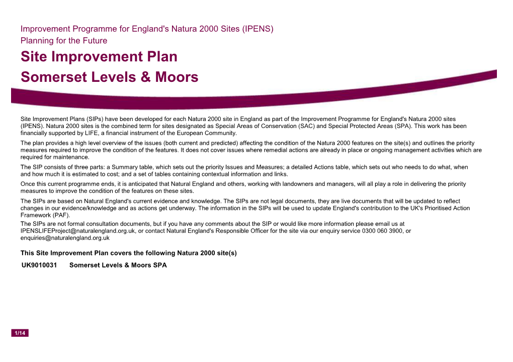 Site Improvement Plan Somerset Levels & Moors
