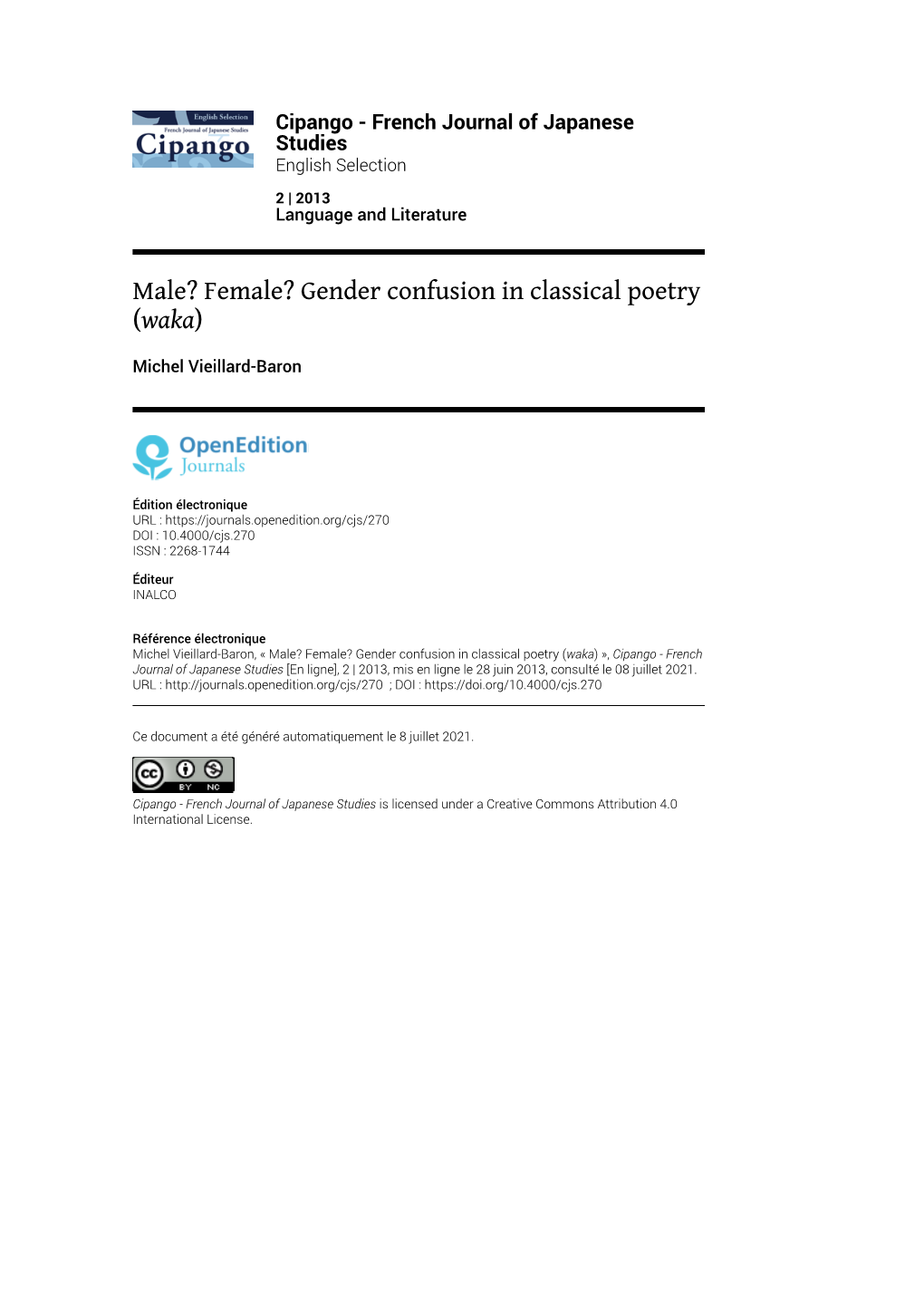 French Journal of Japanese Studies, 2 | 2013 Male? Female? Gender Confusion in Classical Poetry (Waka) 2