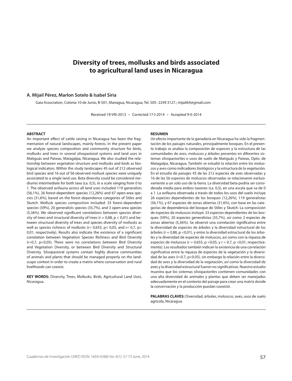 Diversity of Trees, Mollusks and Birds Associated to Agricultural Land Uses in Nicaragua