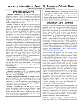 Amnesty International Group 22 Pasadena/Caltech News Volume XIII Number 10, October 2005 UPCOMING EVENTS Saturday, December 10