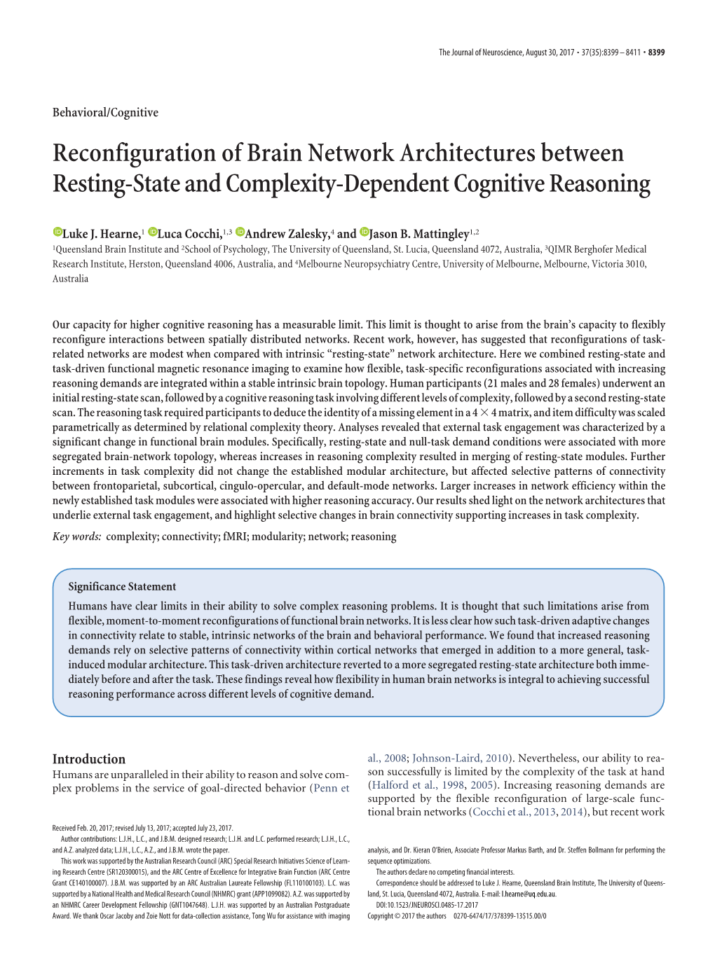 Reconfiguration of Brain Network Architectures Between Resting-State and Complexity-Dependent Cognitive Reasoning