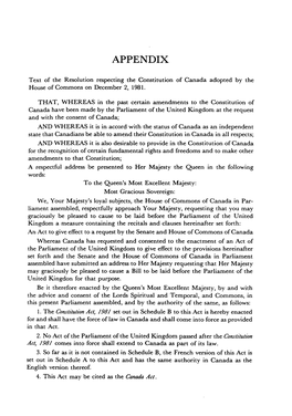 Text of the Resolution Respecting the Constitution of Canada Adopted by the House of Commons on December 2, 1981