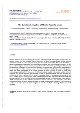 The Duration of Migration of Atlantic Anguilla Larvae