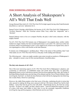 A Short Analysis of Shakespeare's All's Well That Ends Well