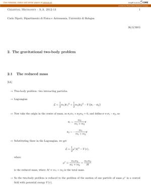 2. the Gravitational Two-Body Problem 2.1 the Reduced Mass