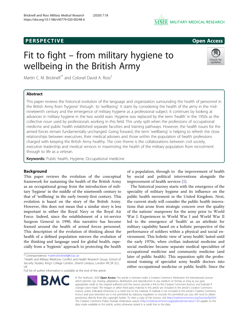 From Military Hygiene to Wellbeing in the British Army Martin C