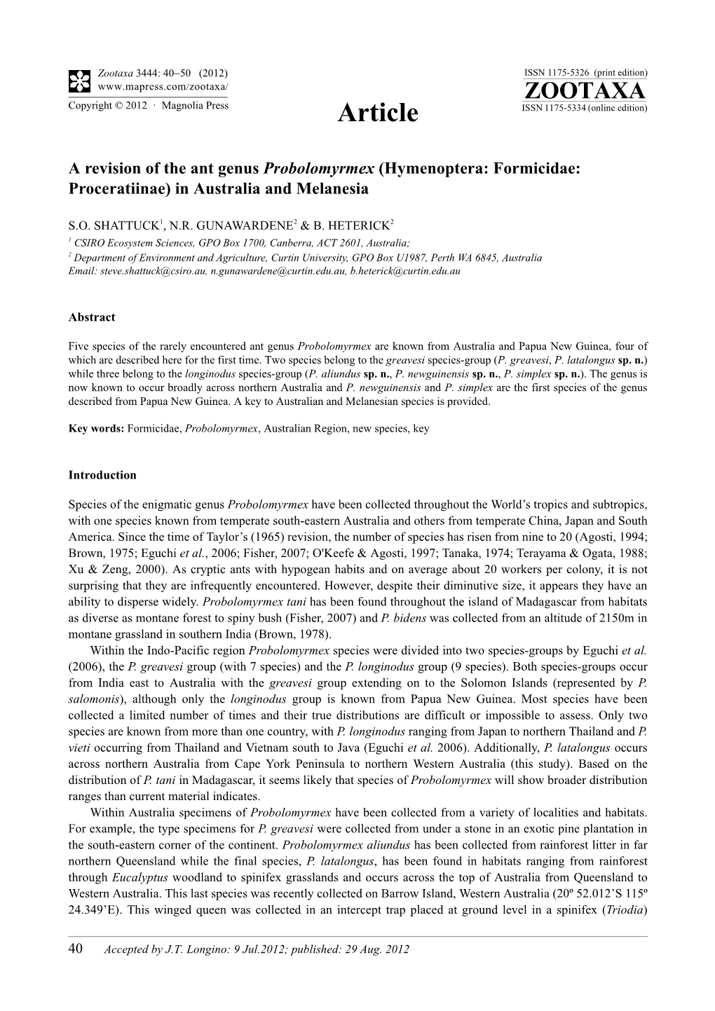 A Revision of the Ant Genus Probolomyrmex (Hymenoptera: Formicidae: Proceratiinae) in Australia and Melanesia