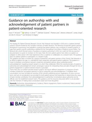 Guidance on Authorship with and Acknowledgement of Patient Partners in Patient-Oriented Research Dawn P