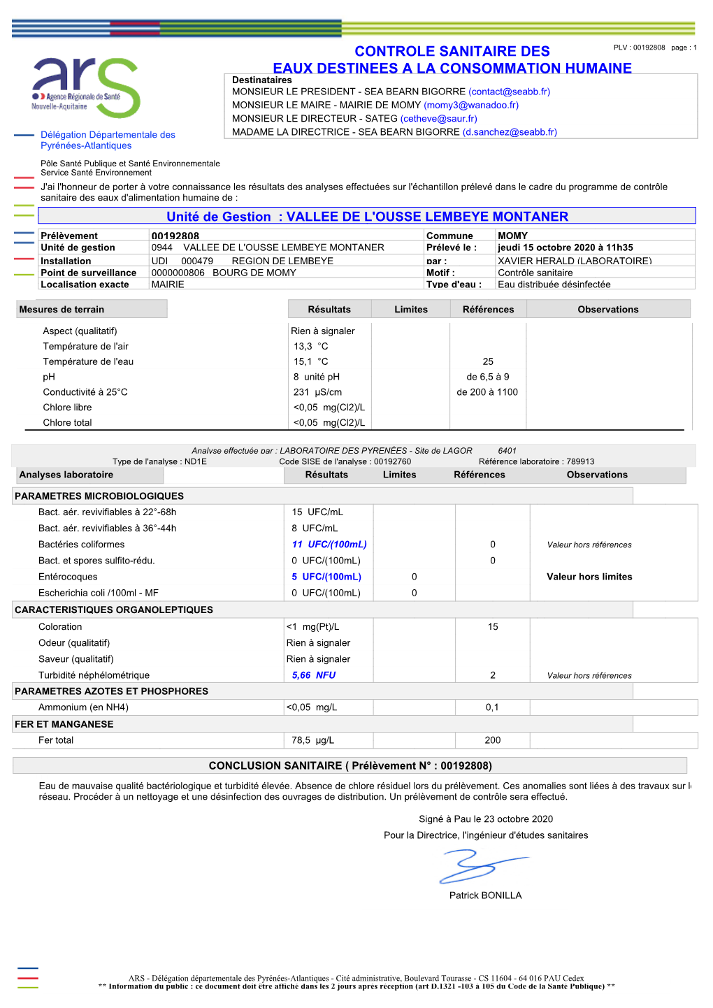 Controle Sanitaire Des Eaux Destinees a La