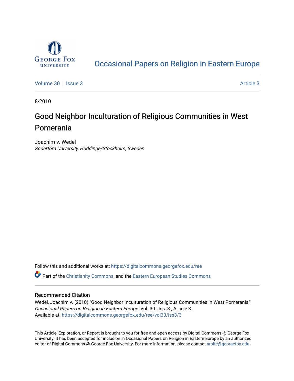 Good Neighbor Inculturation of Religious Communities in West Pomerania