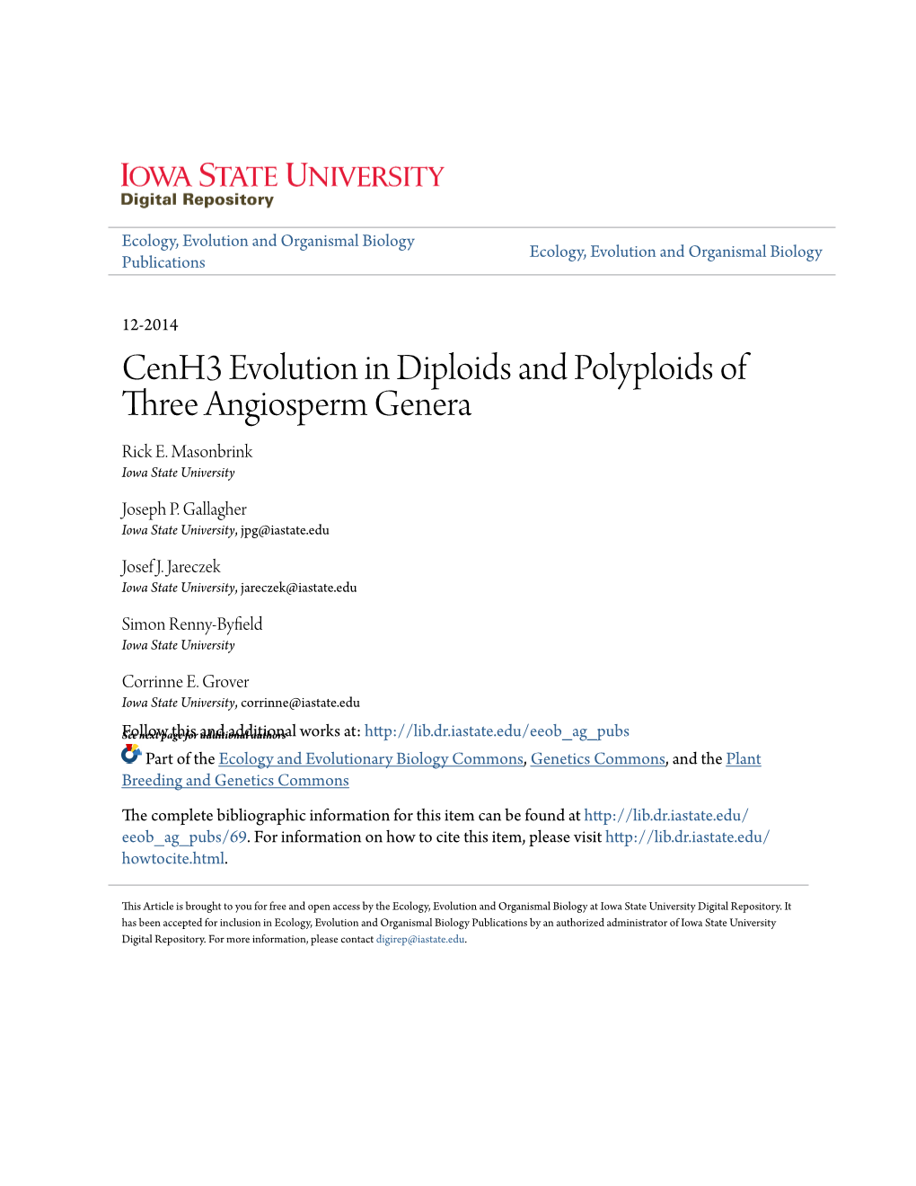 Cenh3 Evolution in Diploids and Polyploids of Three Angiosperm Genera Rick E