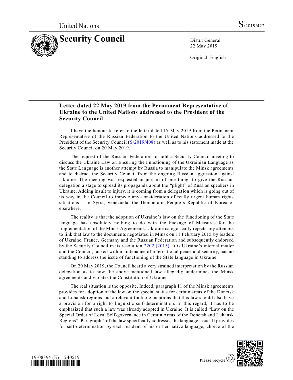 Security Council Distr.: General 22 May 2019