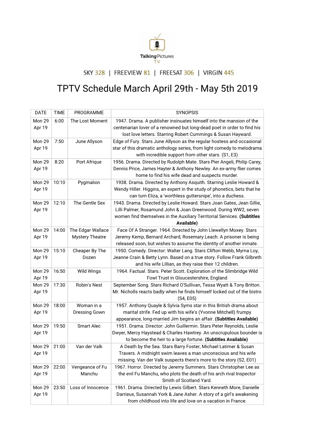 TPTV Schedule March April 29Th - May 5Th 2019