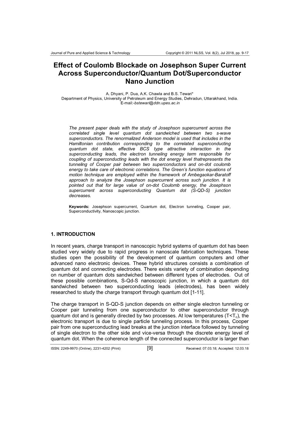 Effect of Coulomb Blockade on Josephson Super Current Across Superconductor/Quantum Dot/Superconductor Nano Junction