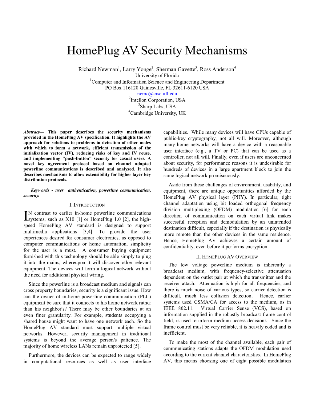 Homeplug AV Security Mechanisms