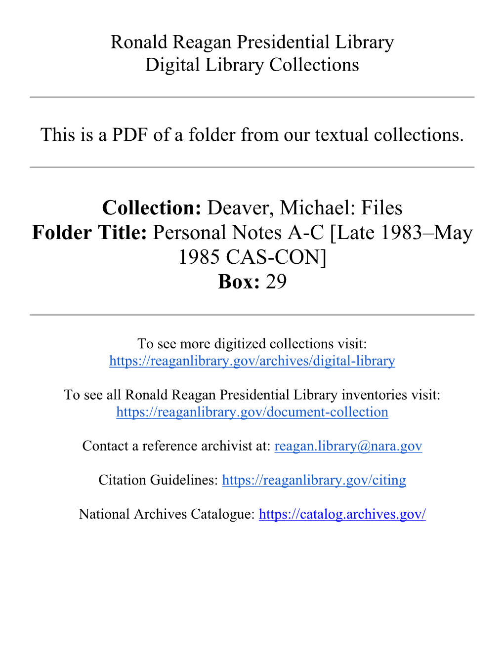 Collection: Deaver, Michael: Files Folder Title: Personal Notes AC