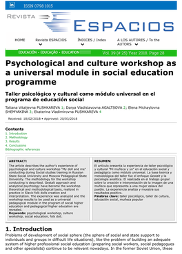 Psychological and Culture Workshop As a Universal Module in Social Education Programme