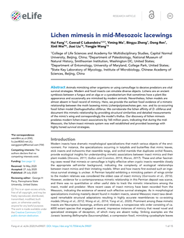 Lichen Mimesis in Mid-Mesozoic Lacewings Hui Fang1,2, Conrad C Labandeira1,2,3, Yiming Ma1, Bingyu Zheng1, Dong Ren1, Xinli Wei4*, Jiaxi Liu1*, Yongjie Wang1*