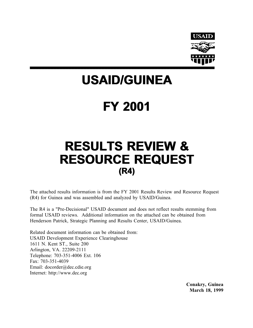 Usaid/Guinea Fy 2001 Results Review & Resource Request