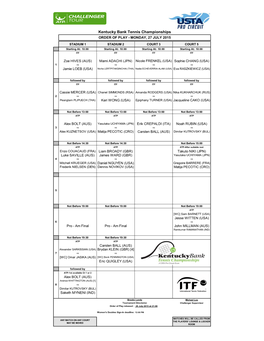 Kentucky Bank Tennis Championships ORDER of PLAY - MONDAY, 27 JULY 2015