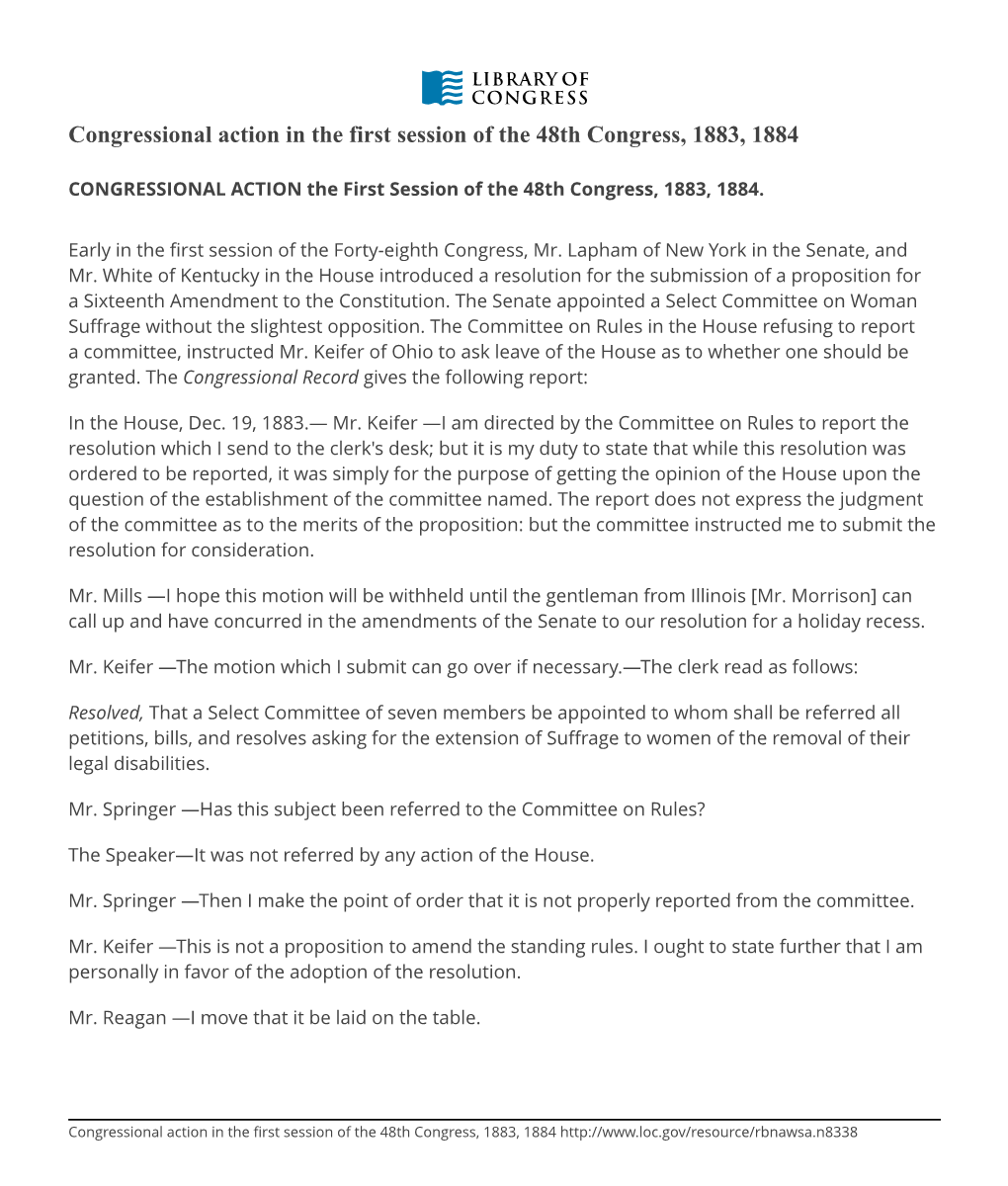 Congressional Action in the First Session of the 48Th Congress, 1883, 1884