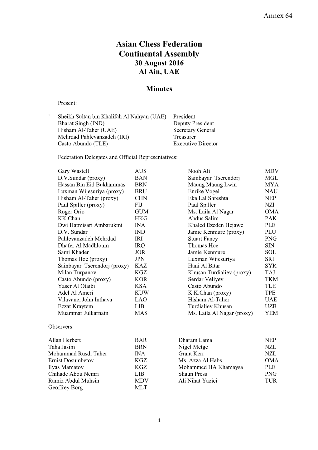 Asian Chess Federation Continental Assembly 30 August 2016 Al Ain, UAE