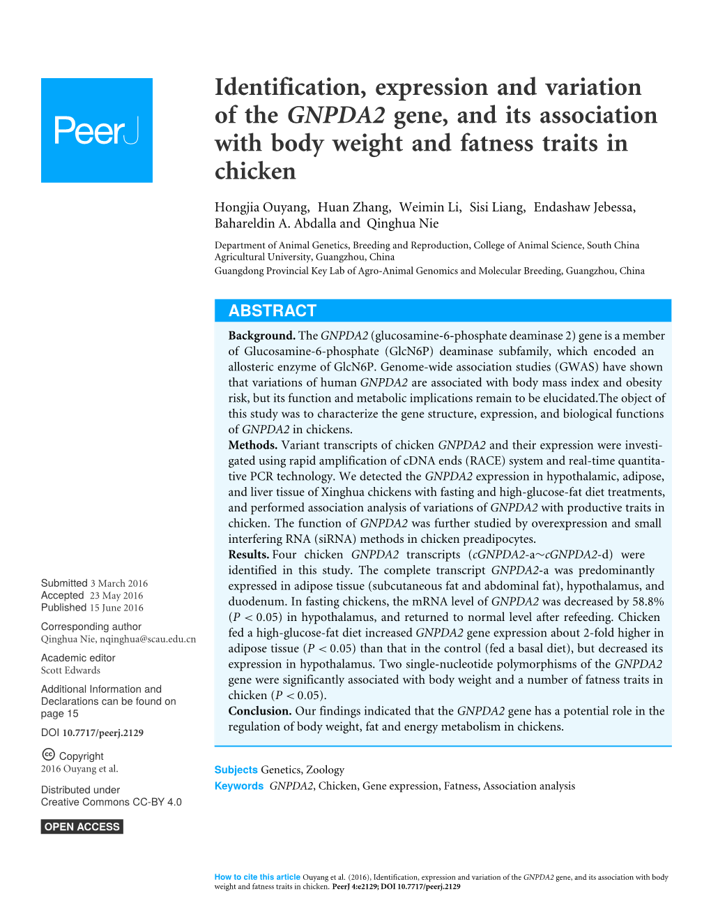 Identification, Expression and Variation of the GNPDA2 Gene, and Its Association with Body Weight and Fatness Traits in Chicken
