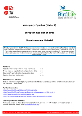 Anas Platyrhynchos (Mallard) European Red List of Birds Supplementary Material