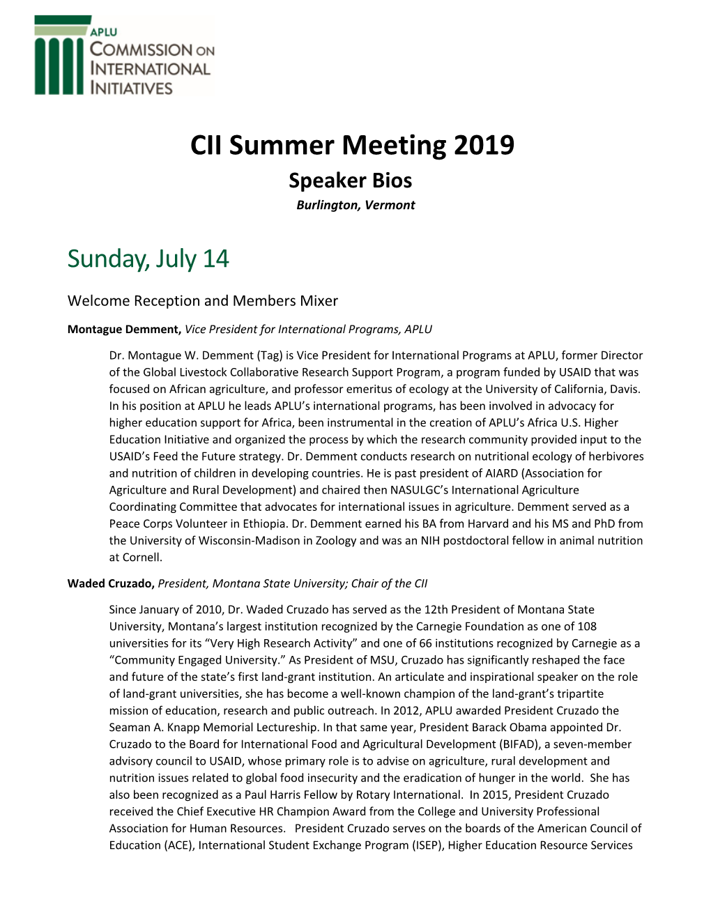 CII Summer Meeting 2019 Speaker Bios Burlington, Vermont
