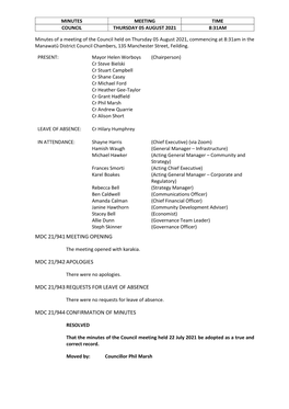Mdc 21/941 Meeting Opening Mdc 21/942 Apologies Mdc 21