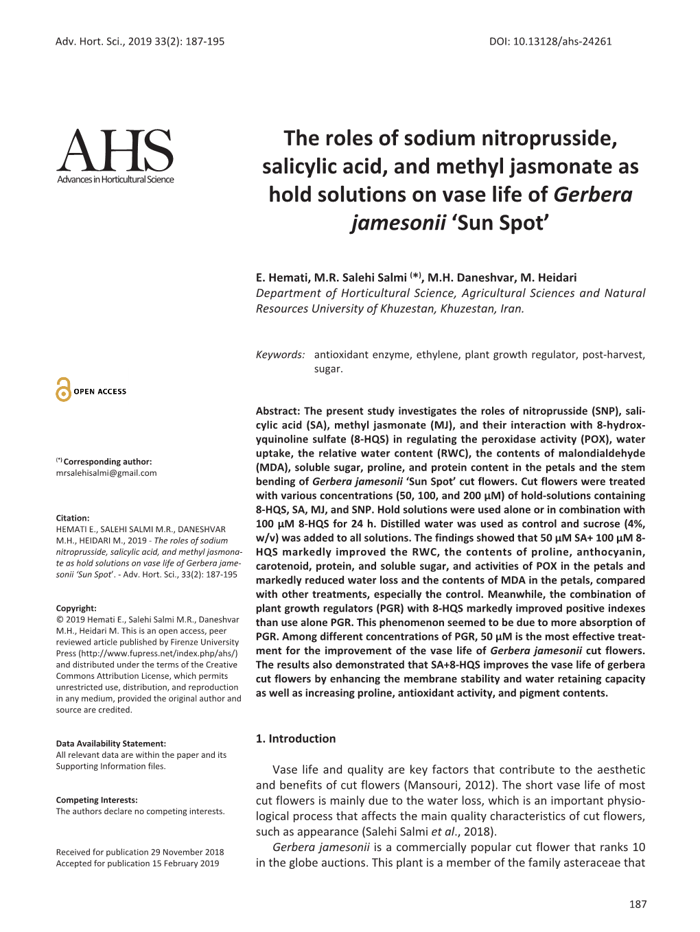 The Roles of Sodium Nitroprusside, Salicylic Acid, and Methyl Jasmonate