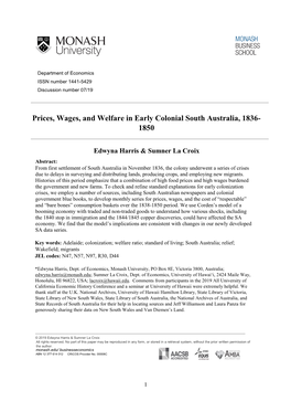 Prices, Wages, and Welfare in Early Colonial South Australia, 1836- 1850