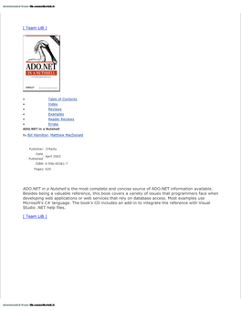 [ Team Lib ] ADO.NET in a Nutshell Is the Most Complete and Concise