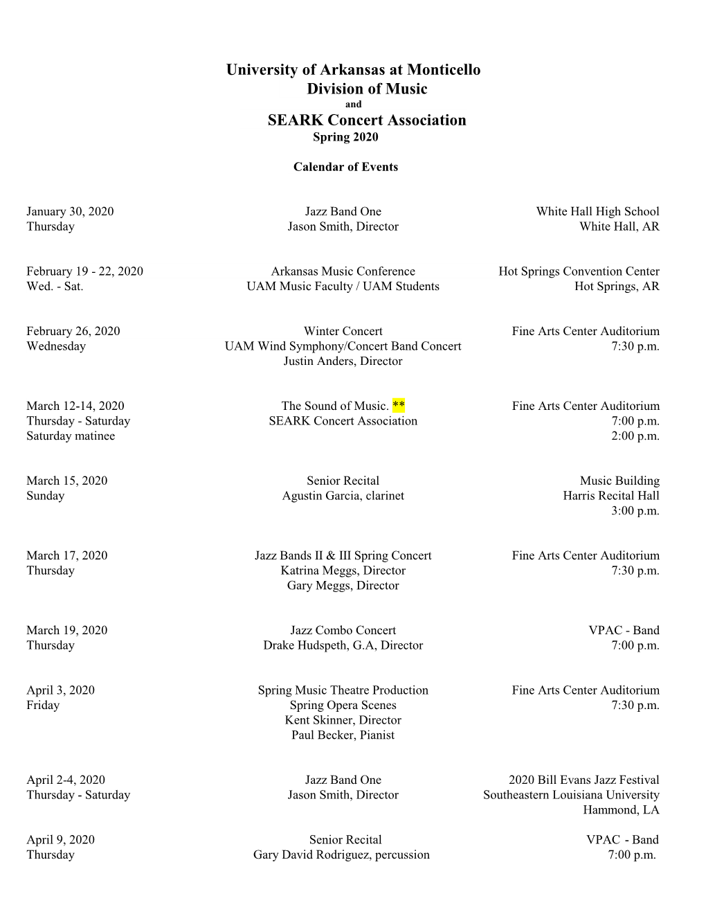 Division of Music Calendar of Events