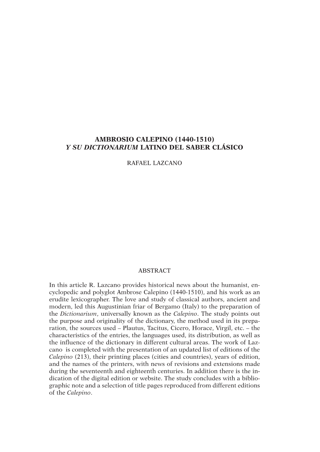 Ambrosio Calepino (1440-1510), Y Su Dictionarium Latino Del Saber Clásico