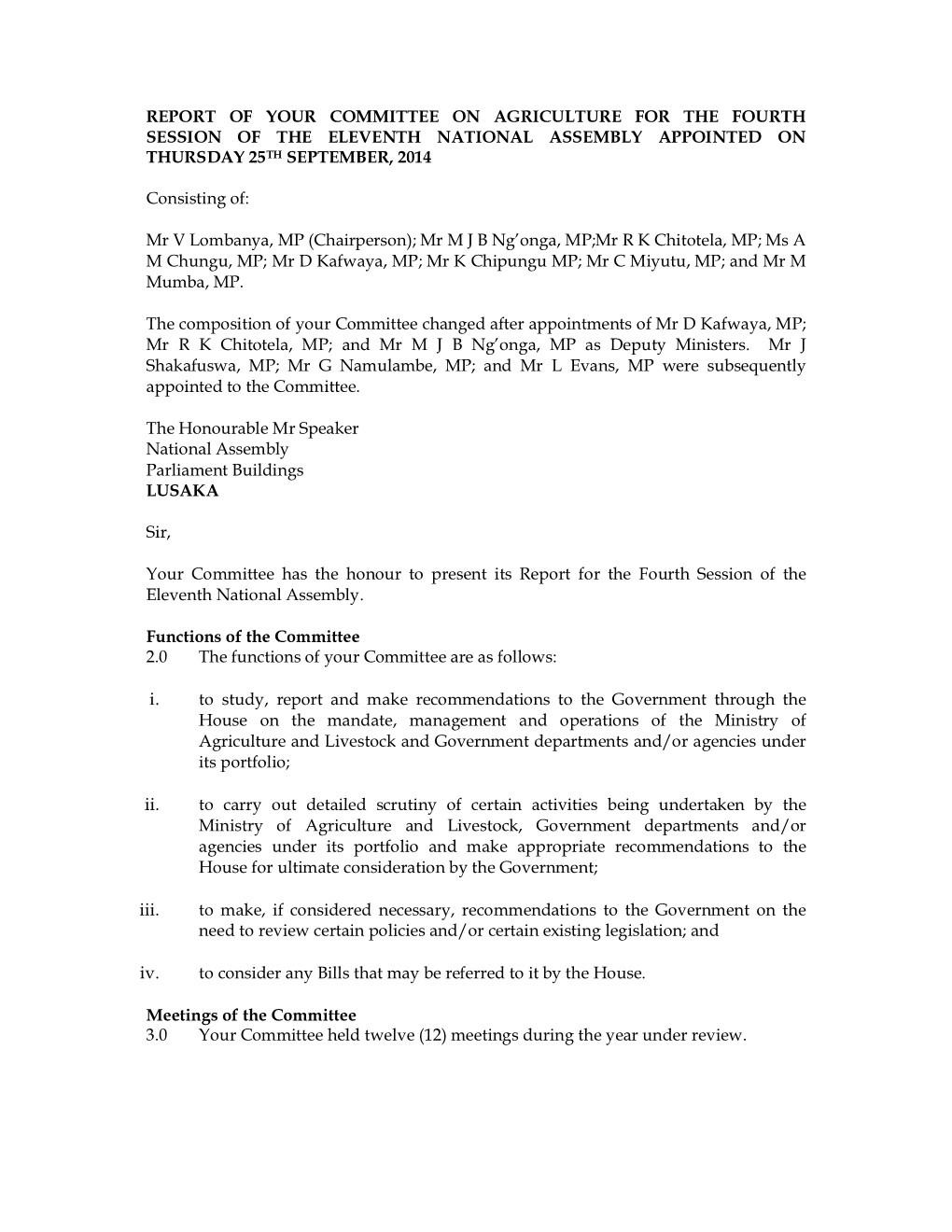 Report of Your Committee on Agriculture for the Fourth Session of the Eleventh National Assembly Appointed on Thursday 25Th September, 2014