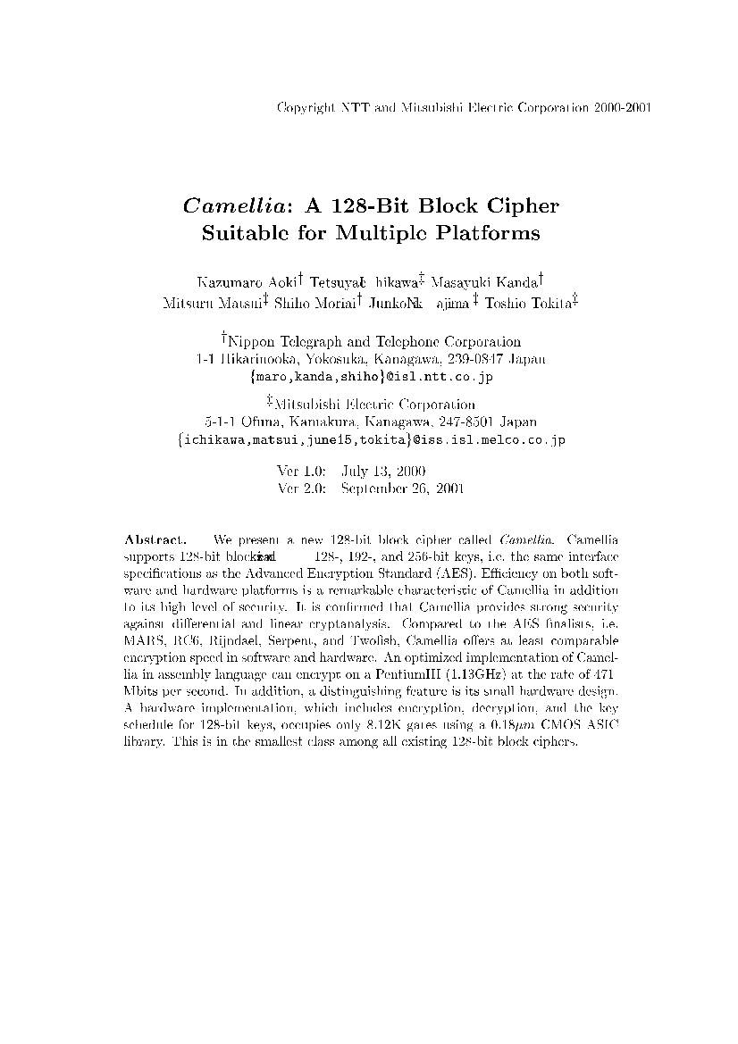 Camellia: a 128-Bit Block Cipher Suitable for Multiple Platforms