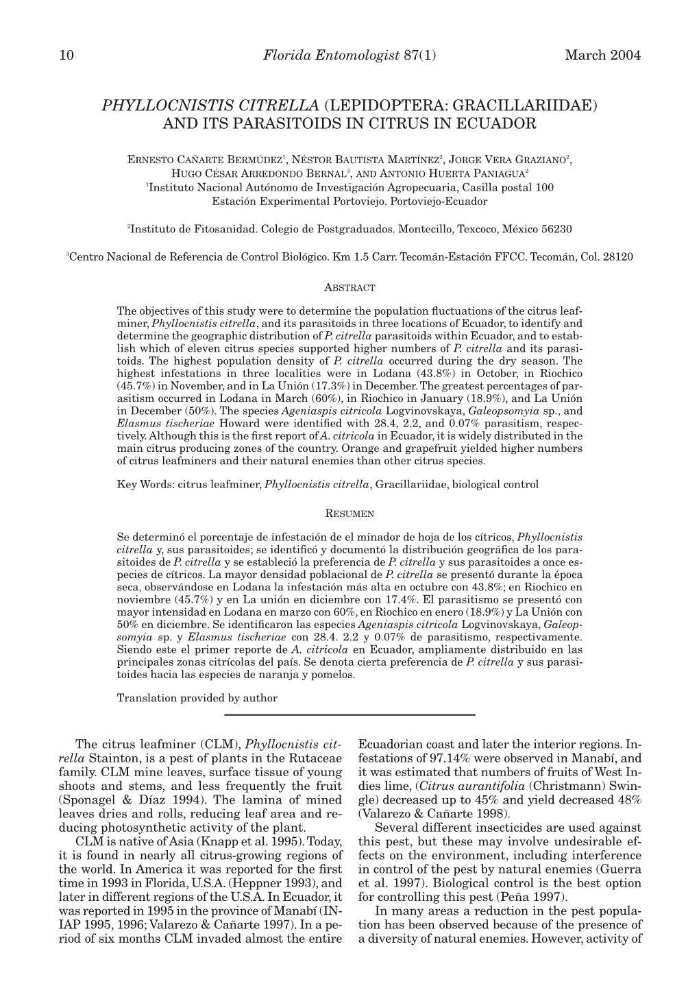 Phyllocnistis Citrella (Lepidoptera: Gracillariidae) and Its Parasitoids in Citrus in Ecuador