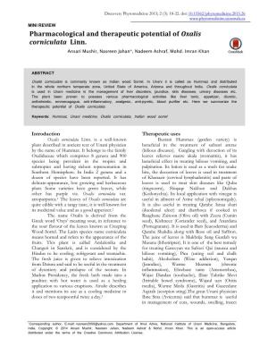 Pharmacological and Therapeutic Potential of Oxalis Corniculata Linn. Ansari Mushir, Nasreen Jahan*, Nadeem Ashraf, Mohd