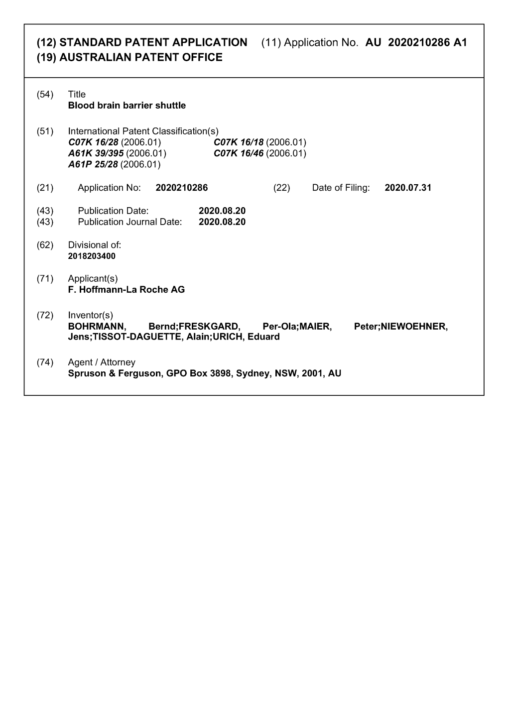 Application No. AU 2020210286 Al (19) AUSTRALIAN PATENT OFFICE