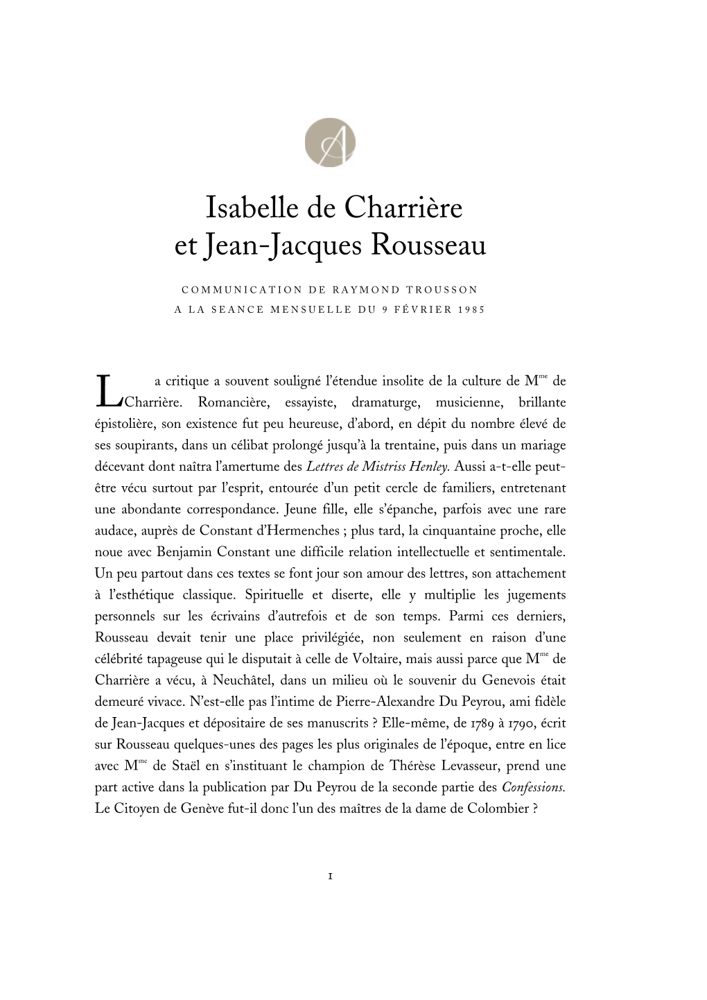 Isabelle De Charrière Et Jean-Jacques Rousseau