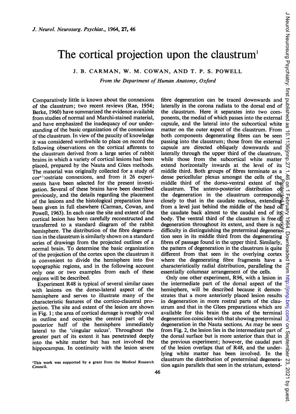 The Cortical Projection Upon the Claustrum'